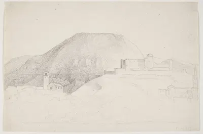 Landsskabsstudie med bjerg og bygninger Spoleto, Italien by Johan Ludvig Lund — digital art print download