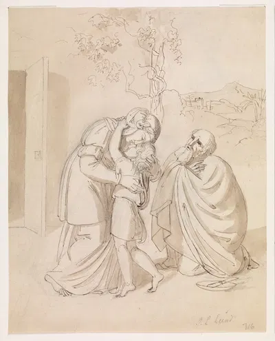Sarah tager afsked med Isak, Abraham knælende by Johan Ludvig Lund — digital art print download