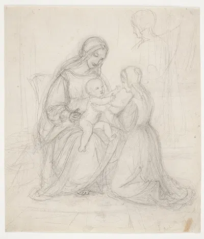 Siddende madonna med barn og knælende kvinde by Johan Ludvig Lund — digital art print download