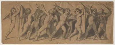 Udkast til Det Kgl Teaters fortæppe; putti der trækker tæppet til side by Johan Ludvig Lund — digital art print download