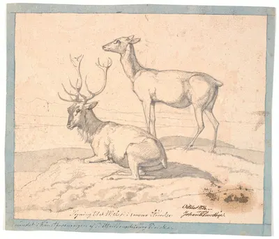 En liggende hjort og en stående hind by Йохан Томас Лундбю, 1836 — digital art print download