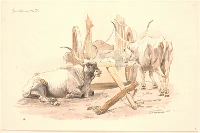 En liggende og en stående okse ved deres kærre by Йохан Томас Лундбю, 1848 — digital art print download