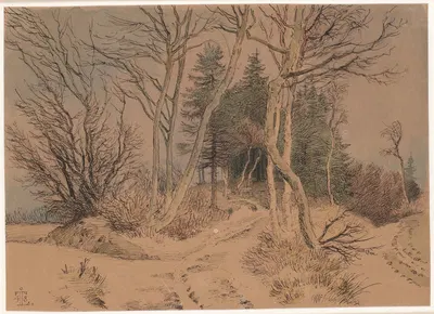 Snedækkede veje mellem graner og nøgne træer by Йохан Томас Лундбю, 1848 — digital art print download