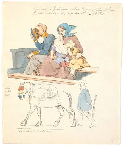 Soldat og kone med to børn, siddende på en bænk Fn en hest med oppakning fulgt af en mand by Йохан Томас Лундбю, 1845 —…
