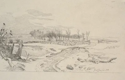 Vinterlandskab med en vej, der slynger sig hen over markerne gennem et led i et stengærde by Йохан Томас Лундбю, 1848 —…