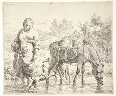 Bondekvinden, der passerer en bæk med sit lastdyr by Карел Дуйардин — digital art print download