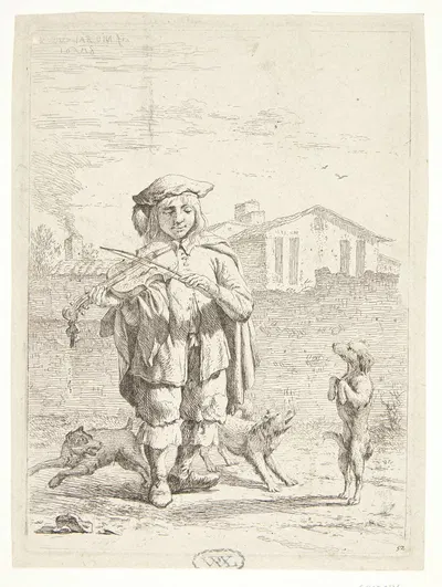 Fiolspiller med tre hunde Savoyarden by Карел Дуйардин, 1658 — digital art print download