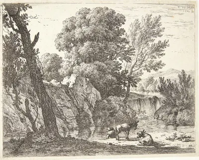 Rejsende med to æsler ved en flod by Карел Дуйардин, 1660 — digital art print download