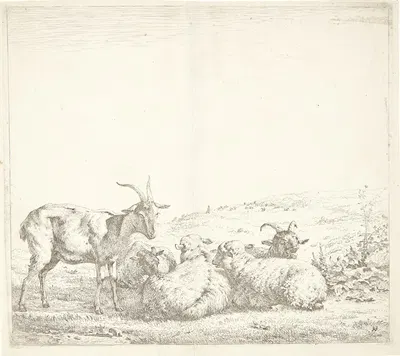 Tre geder og to får by Карел Дуйардин, 1655 — digital art print download
