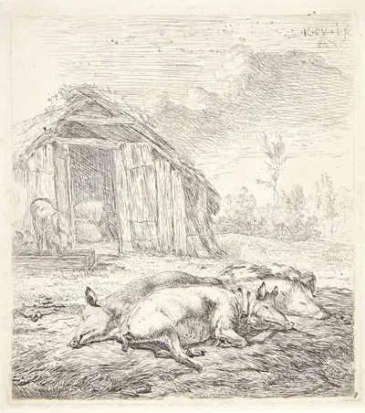 Tre grise liggende ved en svinesti by Карел Дуйардин, 1652 — digital art print download
