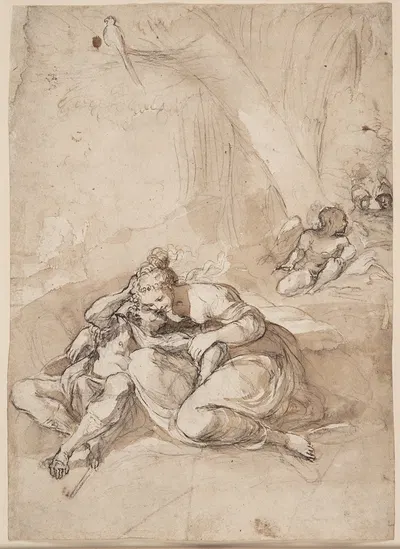 Rinaldo og Amida i tryllehaven scene fra Torquato Tassos Gerusalemme Liberata by Lodovico Carracci, 1593 — digital art…