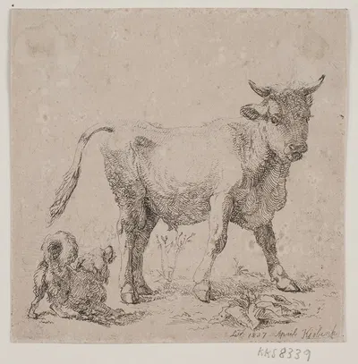 En tyrekalv og en gøende hund by Лоренц Фрёлих, 1837 — digital art print download