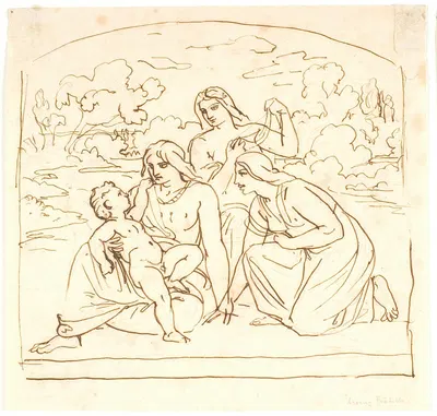 Tre kvinder med et barn Moses findes af Faraos datter by Лоренц Фрёлих — digital art print download