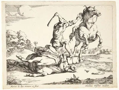Æseldriver, der slår en hest Fablen om æslet og hesten by Marcus de Bye — digital art print download