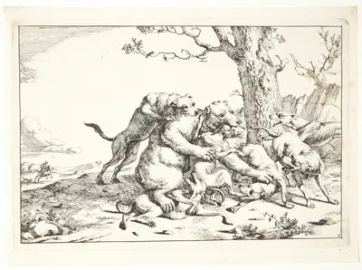 Bjørn kæmpende mod seks hunde by Marcus de Bye — digital art print download