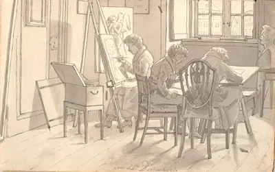 Interiør fra akademiet med malende og tegnende kunstnere by Martinus Rørbye — digital art print download