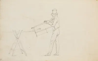 Mand ved en savbuk, holdende en sav by Martinus Rørbye, 1832 — digital art print download