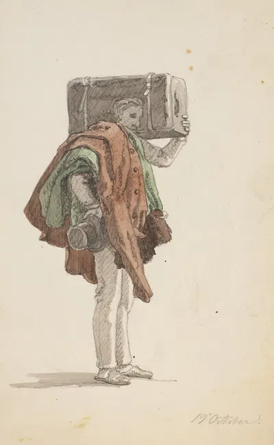 Stående mand der bærer på en overfrakke og en kuffert by Martinus Rørbye, 1832 — digital art print download