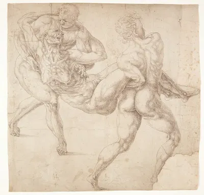 To mænd, bærende på en gammel kvinde by Melchior Lorck, 1550 — digital art print download