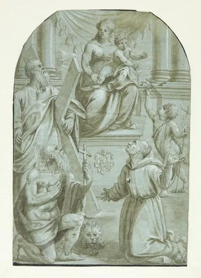 Maria med Jesusbarnet tronende, omgivet af apostlen Andreas, Johannes Døberen som barn, den hellige Jeronimus og den…