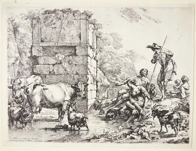 En hyrde vander sine dyr ved en tilgroet ruin by Николаес Питерсз. Берхем, 1680 — digital art print download