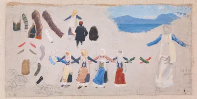 Dansende kvinder, dragtdetailler og et landskab by Нильс Сковгорд, 1896 — digital art print download