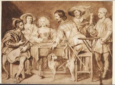 Selskab omkring et bord by Palamedes Palamedesz — digital art print download