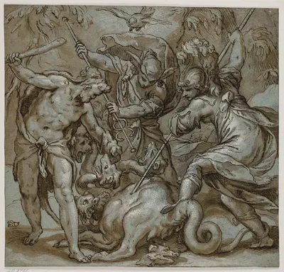 Herkules, Merkur og Minerva besejrer Hydraen by Паоло Фаринати — digital art print download