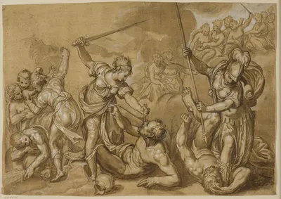 Retfærdigheden, Mercur og Minerva besejrer de onde magter, mens en gruppe gudinder ser til fra skyerne by Паоло Фаринати —…