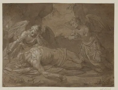 Den døde Kristus med to sørgende engle by Pasquale Ottino — digital art print download