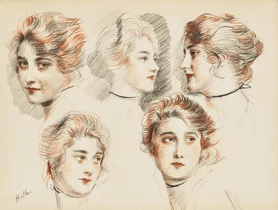 Five head studies of a young lady by Поль Сезар Элью — digital art print download