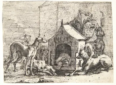 Kennel med seks hunde by Paulus van Hillegaert II, 1654 — digital art print download
