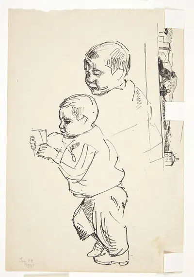 Læsende dreng, et drengehoved og et italiensk landskab by Peter Hansen, 1899 — digital art print download