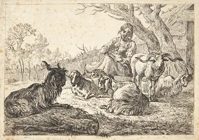 Hyrdinde med en garnvinde, siddende blandt geder og får by Pieter van Laer, 1638 — digital art print download