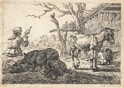 To svin og tre æsler, tv en spindende kvinde by Pieter van Laer, 1638 — digital art print download