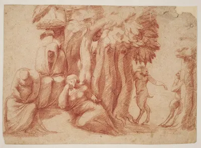 Tre nymfer i en lund udspioneres af tre satyrer by Pirro Ligorio — digital art print download
