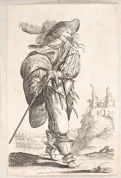 Gående mand, tvekvart profil th, som griber efter kården ved sin hofte I baggrunden en borg by Salomon Savery — digital art…