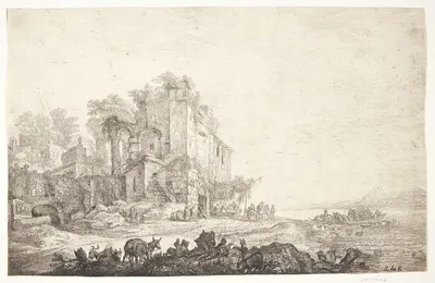 Kro i en sammenstyrtet bygning by Simon de Vlieger — digital art print download