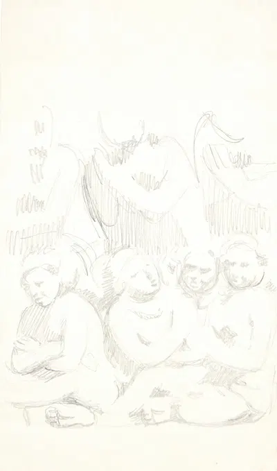 Gruppe med siddende figurer med korslagte arme i forgrunden Studieblad efter relieffer i Borobudur, Java by Svend Rathsack,…