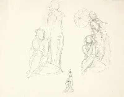 Studieblad med tre udkast til en gruppe med stående og siddende kvinde by Svend Rathsack — digital art print download
