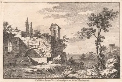 Landscape with a ruin, a river, a shepherd and sheep by Франсуа Виварес — digital art print download