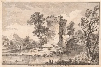 Landscape with a ruin, a river, a shepherd and sheep by Франсуа Виварес — digital art print download