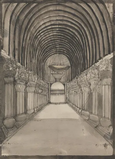 Interior View of the Temple at Ekvera (Karle) by Gangaram Chintaman Tambat — digital art print download
