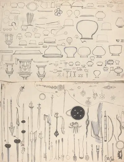 Military Weapons, Female Ornaments, Utencils for Culinary and Religious Purposes by Гангарама Чинтаман Тамбат — digital art…