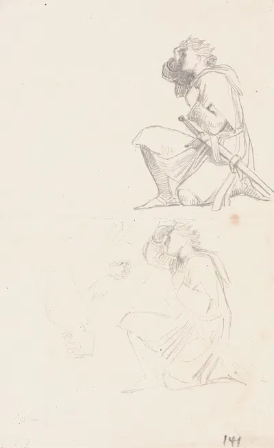 Studies of a kneeling knight by Джордж Фредерик Уоттс — digital art print download