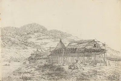 The Balagans or Summer Habitations, with the Method of Drying Fish, at St. Peter and Paul, Kamtschatka by John Webber, 1792…