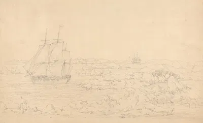 The Resolution Beating through the Ice, with the Discovery in the most eminent Danger in the Distance by Джон Уэббер, 1792…