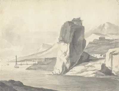 A Coastal Scene (Italian) with Breakwater, High Cliffs and a Fort by Thomas Wijck — digital art print download