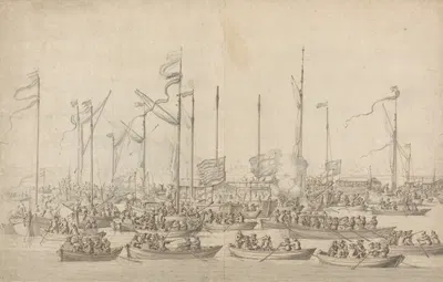 Celebration on the Thames near Whitehall by Виллем ван де Вельде Старший, 1685 — digital art print download