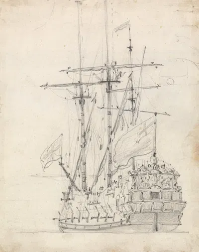 An English Frigate at Anchor Viewed from the Port Quarter by Виллем ван де Вельде младший — digital art print download